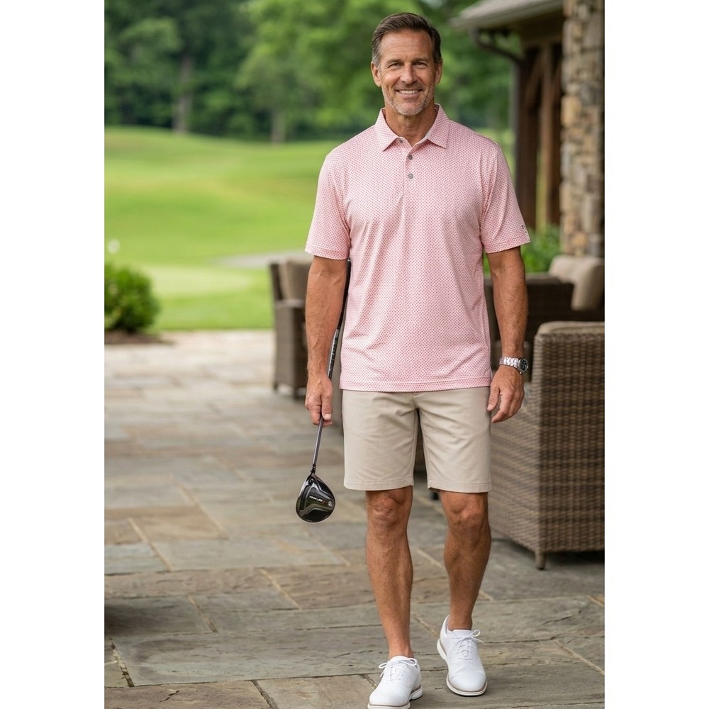 Etonic Mens XXL Golf Polo Shirt Coral Pink Geometric Diamond Print Performance
